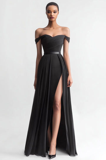 Black A Line Chiffon Off The Shoulder Long Formal Dress with Slit